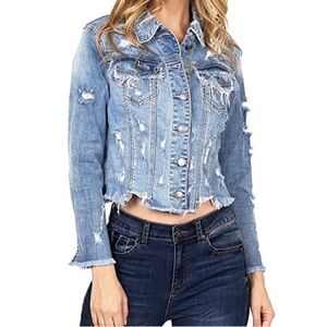 Cello Women's Crop Distressed & Frayed Jean Jacket (Large, Denim)
